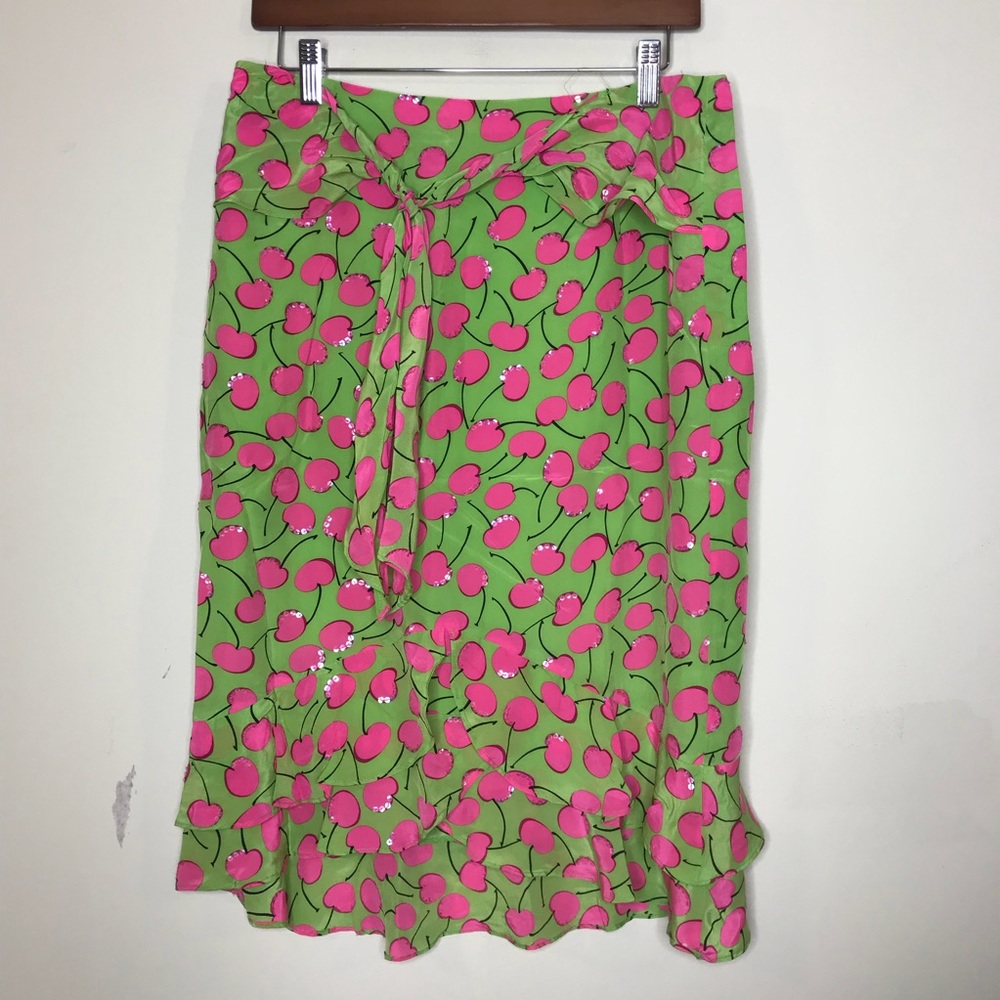 Nanette Lapore Sz 6 Lime Green Silk Cherry Skirt
